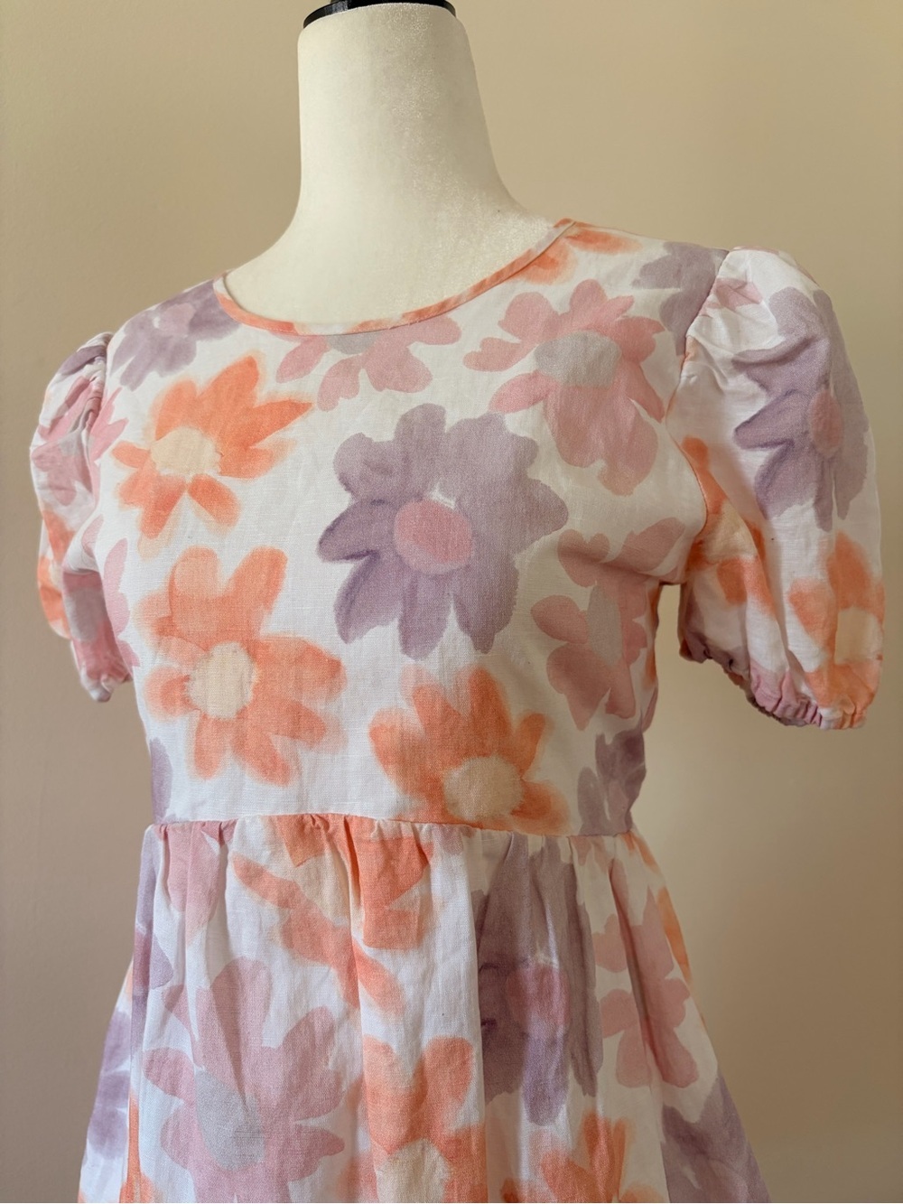 Sunday Best Floral Puff Sleeve Mini Babydoll Dress in Peach and Lavender Florals - Picture 2 of 3